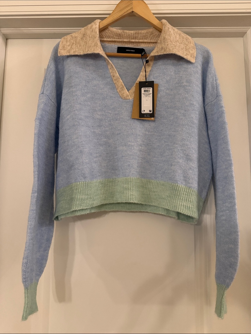 Vero Moda Women’s Free Block Cropped Polo Sweater Light Blue - L